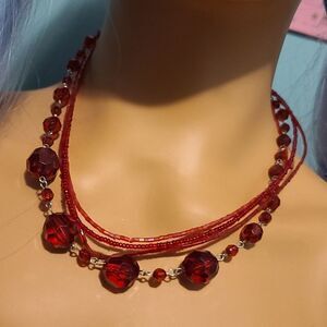 Ruby Red Glass Beaded Layered Necklace